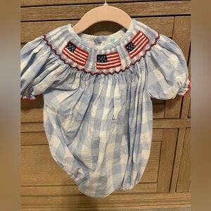 Smocked flamingo smocked flag bubble in blue gingham